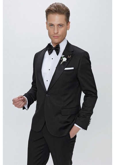 Efor Black 062 Slim Fit Çıkarılabilir Saten Yaka Siyah Damatlık Smokin Takım Siyah