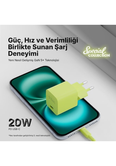 Ttec Smartcharger Gan 20W PD Seyahat Hızlı Şarj Aleti + USB-C - Lightning 120 CM Kablo Neon Sarı