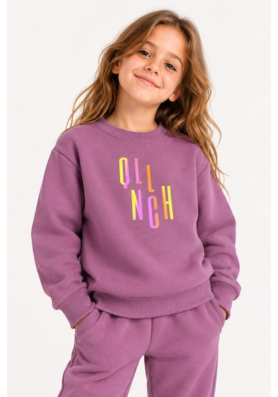 Luess Kız Çocuk Bisiklet Yaka Renkli Baskılı Sweatshirt Gül Kurusu