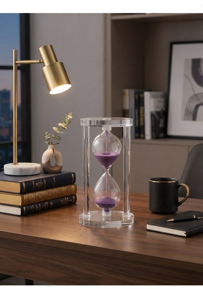 Modern Ofis Masa Üstü Biblosu Cam Kum Saati 10 Dakikalık Zamanlı Mor Kum Dekoratif Hediye 14.5x8 Cm Biblo
