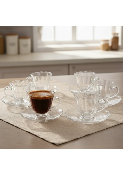 Olive Cam 6 Kişilik Tabaklı Türk Kahvesi Espresso Fincan Seti 6 X 90 Ml Şeffaf