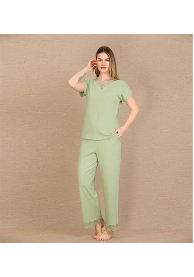 Ang Butik Kadın Pamuklu Şık Tasarım Dantel İşlemeli Yeşil Kısa Kol Pijama Takımı