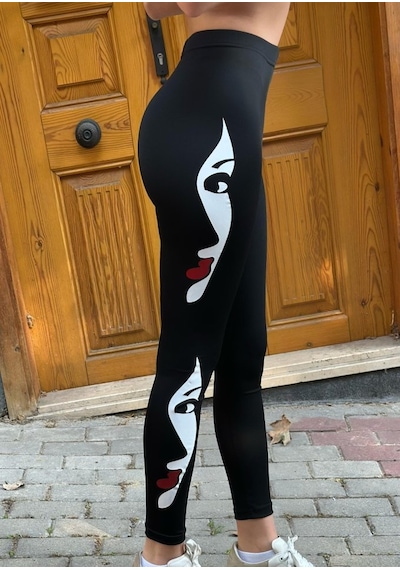 Nnstartshopping Kadın Yüz Baskılı Dalgıç Kumaş Tayt SiYAH Siyah