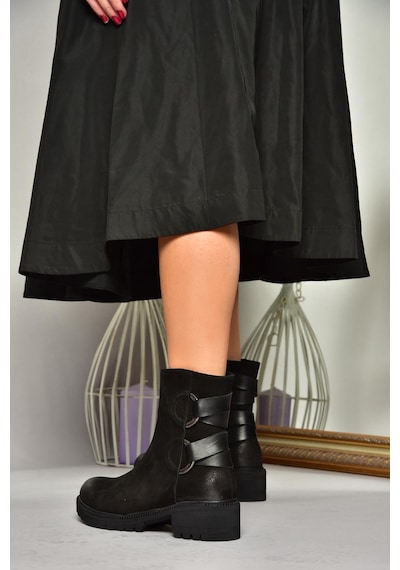 Fox Shoes T654047101 Siyah Hakiki Deri Nubuk Kadın Bot Siyah-Nubuk Siyah
