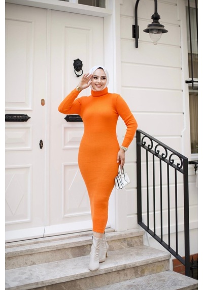 Hira Life Fashion Kadın Elbise Tesettür Giyim Balıkçı Yaka Ve Dar Kesim Triko Kalem Elbise Orange Orange Hira Life Fashion Kadın Elbise Tesettür Giyim Balıkçı Yaka Ve Dar Kesim Triko Kalem Elbise Orange Orange