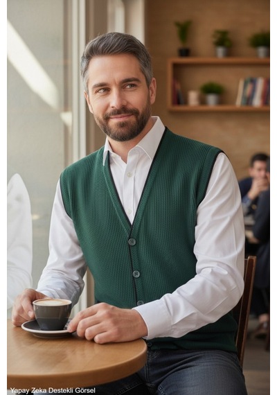 Kamalı Erkek Nefti V Yaka Triko Düğmeli Cepli Çizgi Desenli Regular Fit Tüylenmeyen Örgü Yelek