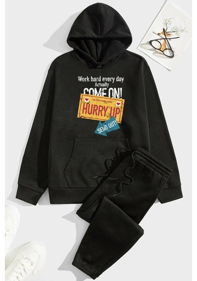 Uyguntarz Unisex Hurry Up Baskılı Eşofman Takımı Siyah