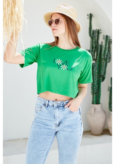 Oversize Baskılı Crop Tişört - Yeşil Yeşil