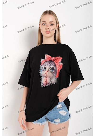 Startmore Kadın Siyah Kedi Baskılı Oversize Siyah