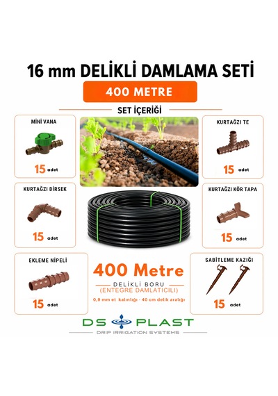 400 Metre 16 Mm Kendinden Delikli Damla Sulama Seti 40 Cm Aralık - 4lt/h Debi - 0,9 Mm Et Kalınlığı