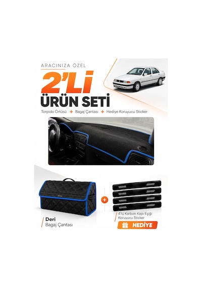 E-biz Seat Toledo 1995-2005 Uyumlu Torpido Örtüsü + Deri Bagaj Çantası Seti - Siyah-mavi - Se010