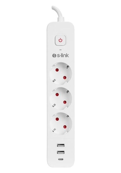 S-link Spg03tc 2 Usb +1type C 5v2.4a 1.5m 3x1.00mm 100% Bakır 750 Joule 3 Lü Anahtarlı Akım Korumalı Beyaz Priz