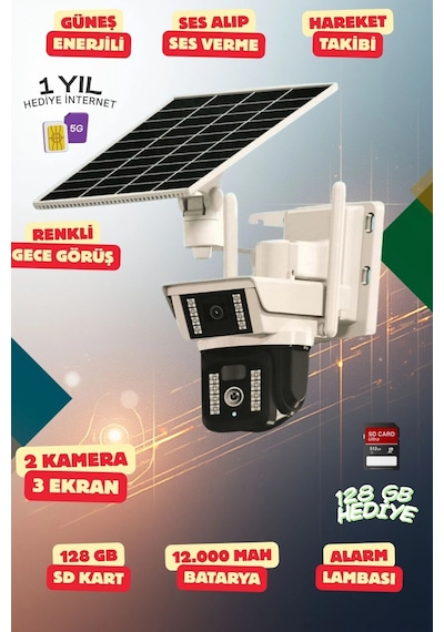 4k Simkartlı Güneş Enerjili 3 Kameralı Güvenlik Kamerası Renkli Gece Görüş Sesli 360 Derece W05
