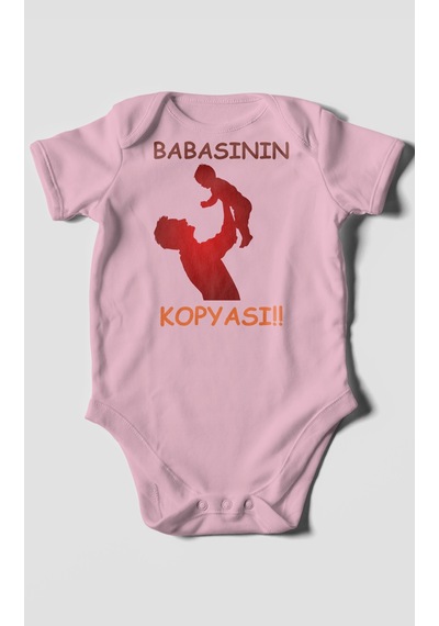 Babasının Kopyası Baskılı Bebek Zıbını Çıtçıtlı Body %100 Pamuk Kısa Kol Koyu Pembe