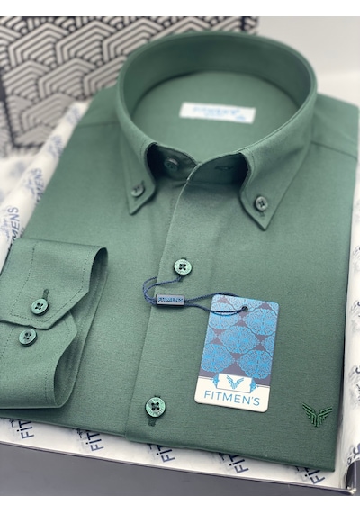 Slim Fit Uzun Kol Pamuklu Hediye Kutulu Kolay Ütülenebilir Erkek Gömlek Fs-002225 - Koyu Yeşil-2811