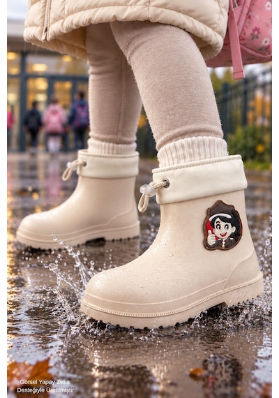 Muggo Kitty İçi Kürklü Lastikli Unisex Çocuk Günlük Yağmur Ve Kar Çizmesi Bej