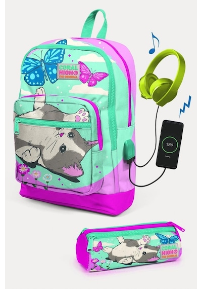 Coral High Kids Su Yeşili Pembe Kedi Desenli Usb'li 2'li Okul Çanta Seti - Kız Çocuk