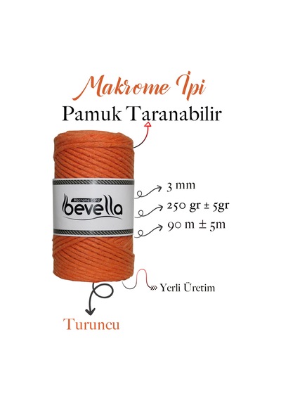 Taranan Makrome Ipi 3mm Tek Büküm Taranabilir Pamuk Makrome Ipi Turuncu