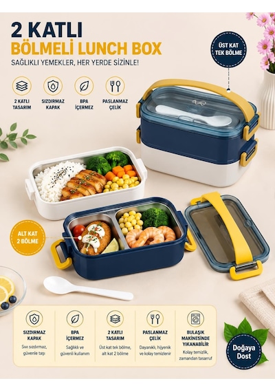 Vagonlife Vgn-462 Lacivert-beyaz 1400 Ml 3 Bölmeli Paslanmaz Çelik Lunch Box Beslenme Kabı Çok Renkli