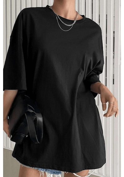 Siyah Basic Düz Baskısız Oversize Salas Boyfriend Kadın T-Shirt Siyah Siyah Basic Düz Baskısız Oversize Salas Boyfriend Kadın T-Shirt Siyah