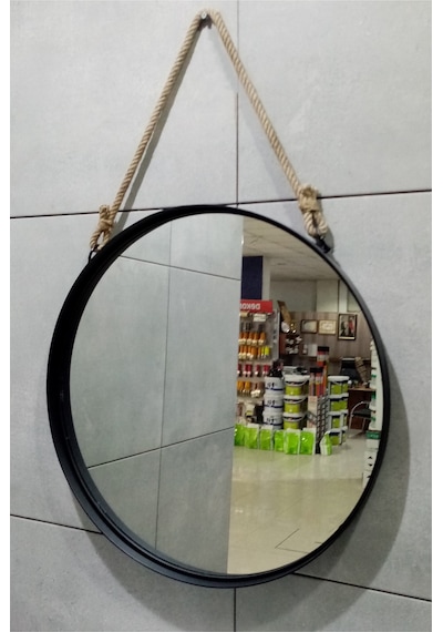 Dekoratif 64 Cm Metal Çerçeve Halat Askılı Ayna Mat Siyah