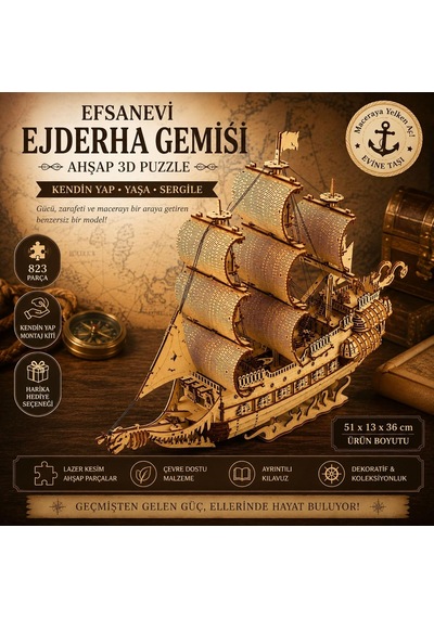 Algwooddesign Ejderha Gemisi Ahşap Maket Seti 823 Parça Dıy 3d Puzzle Yelkenli Gemi Koleksiyoner Modeli