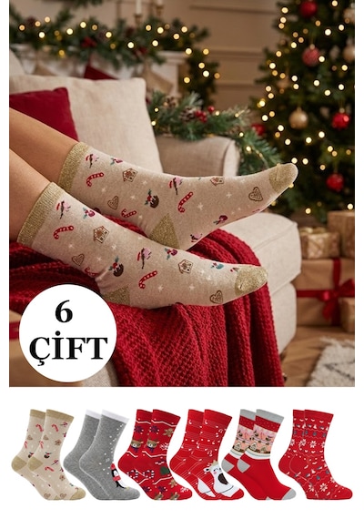 Kardeşler Çorap Yılbaşı Noel Christmas Desenli Soket Çorap Renkli 6'lı Paket Çok Renkli - 816912530 Çok Renkli