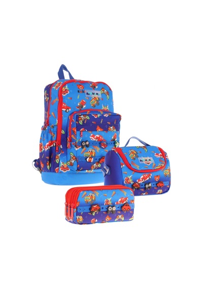 Kaukko Kids Üçlü İlkokul 1.2.3.4. Sınıf Okul Çanta Seti - Mavi Kırmızı - Erkek Çocuk - Silikon Aksesuarlı Mavi - Kırmızı