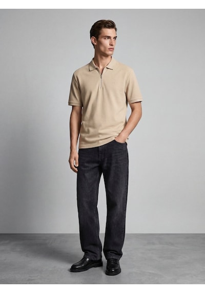 LTB Fermuarlı Pike Polo Yaka Bej T-shırt