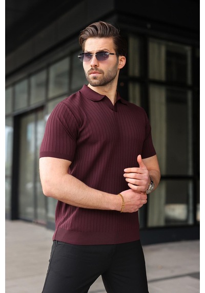 Madmext Mürdüm Polo Yaka Triko Erkek Tişört E7461 Mürdüm