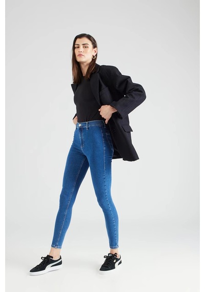 Mid Blue Yüksek Bel Skinny Fit Jean Likralı Cepsiz Tayt Pantolon Çok Renkli