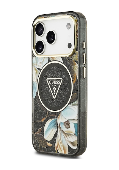 Apple Uyumlu iPhone 17 Pro Kılıf Guess Lisanslı M-safeli Simli Çiçek Desenli Metal Kamera Çerçeveli Kapak Siyah Siyah