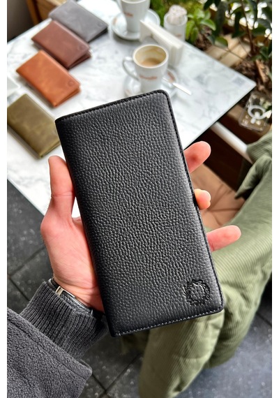 Piarde Siyah Unisex Hakiki Deri Kartlık Hediyeli Telefon Gözlü Cüzdan Siyah
