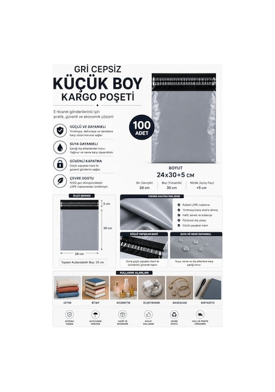 Gri Cepsiz Küçük Boy Kargo Poşeti 24x30+5 Cm 100 Adet