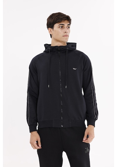 Rowinger Çift Şerit Kol Detaylı Tam Fermuarlı Cepli Rahat Kalıp Ayarlanabilir Kapüşonlu Sweatshirt Black