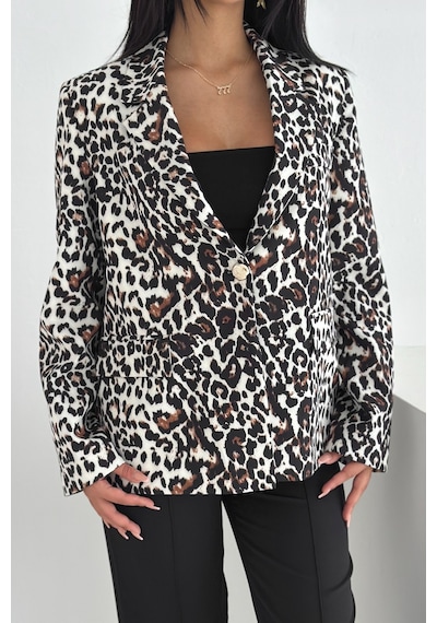 Femelle Gri Leopar Desenli Blazer Ceket Vatkalı İçi Astarlı