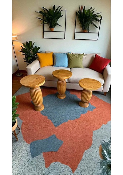 Doğal Ahşap Mantar Sehpa Takımı 3 Lü Masif Tik Zigon Sehpa Seti - Wooden Side Table Tik Ağacı