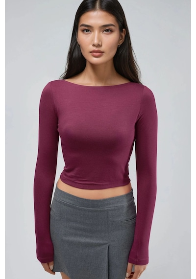 Hiccup Busem Sırt Dekolteli Slim Fit Kısa Bluz Bordo Kırmızı