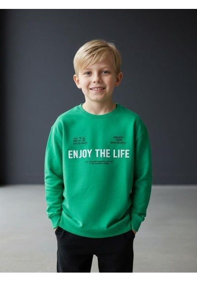 Zekids Erkek Çocuk Yumuşak Dokulu Enjoy The Life Yazılı Eşofman Takım-16615 Yeşil