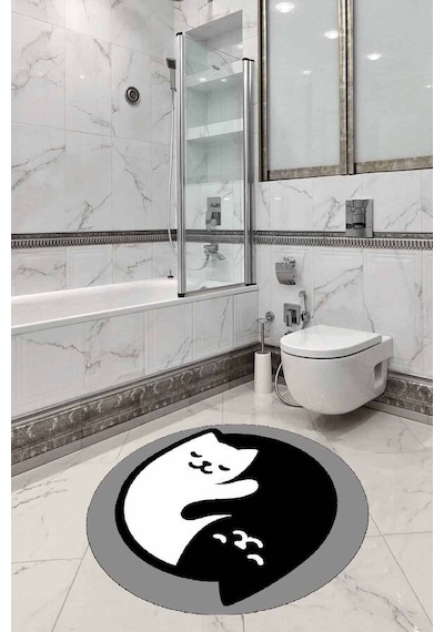Gri Kedili Banyo Halısı Klozet Yuvarlak Paspas Seti Bs264n11