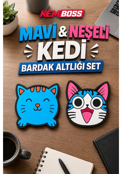 Kemboss Mavi Kedi Ve Happy Kedi Bardak Altlığı Seti 4'lü - Pvc Kaydırmaz Bardak Altlığı 2 Mavi Kedi + 2 Happy Kedi