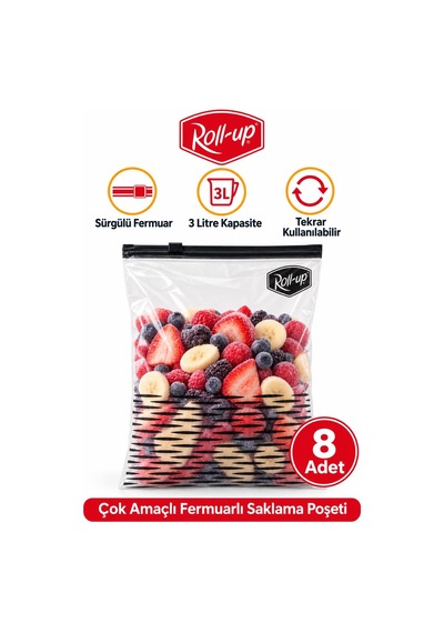Roll-up Fermuarlı Şeffaf Buzdolabı Saklama Poşeti Torbası - 3 Lt. - 24x31 Cm. - 8 Adetlik 3 Paket 06883411
