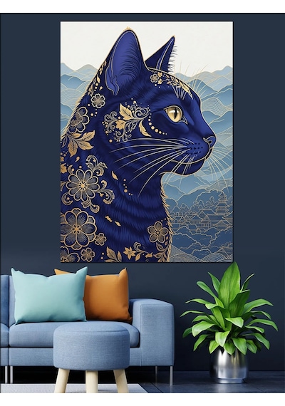 Ahşap Tablo Mavi Altın Desenli Kedi Portresi Dekoratif Tablolar