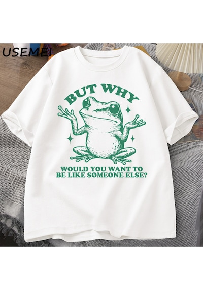 Flood Of Style Ama Neden Başka Biri Gibi Olmak İstersiniz T-shirt Erkekler Retro Komik Kurbağa Grafik T Shir Beyaz