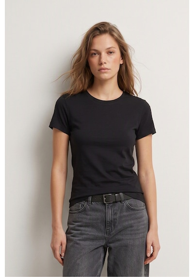 Elemge %95pamuk %5likra Vücuda Oturan Magic Fit Siyah Kadın Stretch T-shirt Compact Penye Kısa Kol Esnek Basic Tişört Elastan