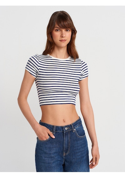 Dilvin 31889 Çizgili Crop Top-ekru-laci Ekru-laci