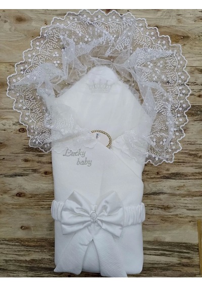 Yenidoğan Sahra Taç Lucky Baby Nakışlı Kumru Kundak Bebek Battaniyesi Ekru Ekru