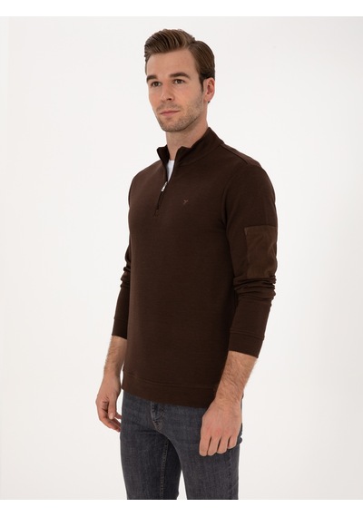 Koyu Kahverengi Regular Fit Yarım Fermuarlı Sweatshirt