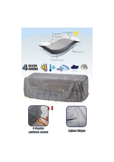 Gri Bahçe Mobilya Koruma Örtüsü Branda 300x160x80 Cm - Santimetre, Su Geçirmez, Güneşten Korur Gri