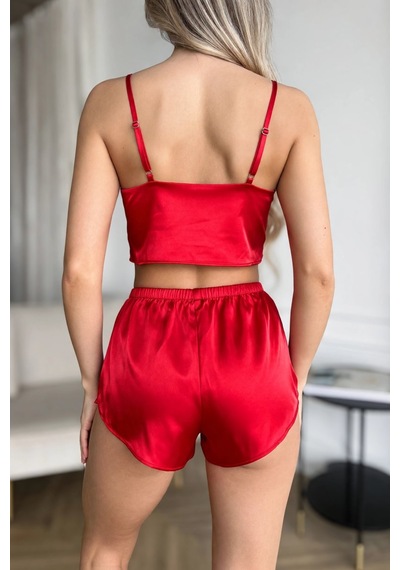 İkikareshop Özel Tasarım Kadın Kırmızı Saten Pijama Takımı İnce Askılı Şortlu Çok Renkli